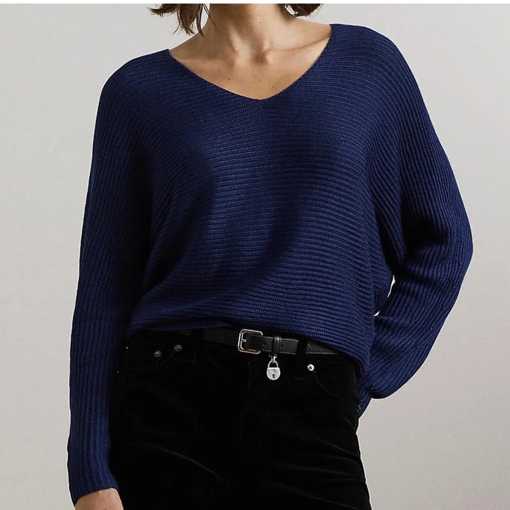 NWT Lauren Ralph Lauren Navy Blue Ribbed V-Neck Dolman Sleeve Sweater XL - Picture 1 of 8